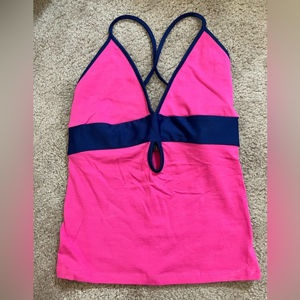 Moda International stretchy pink with blue piping tank with built in shelf bra